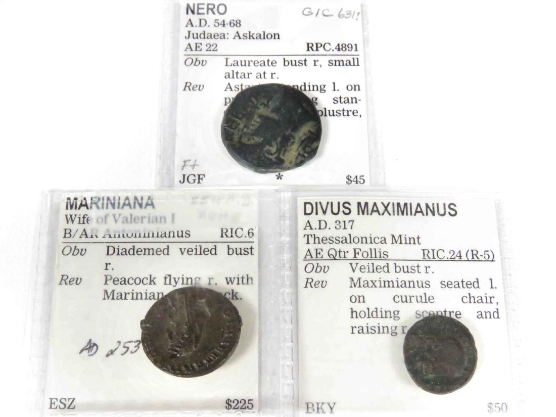LOT (3) IMPERIAL COINS INCLUDING NERO (AD 54-68) AE 22,: LOT (3) IMPERIAL COINS INCLUDING NERO (AD 54-68) AE 22, 23MM; MARINIANA (WIFE OF VALERIAN I) B/AR ANTONINIANUS, 20MM (AD 253-260); DIVUS MAXIMIANUS (AD 317) AE QUARTER FOLLIS, 15MM