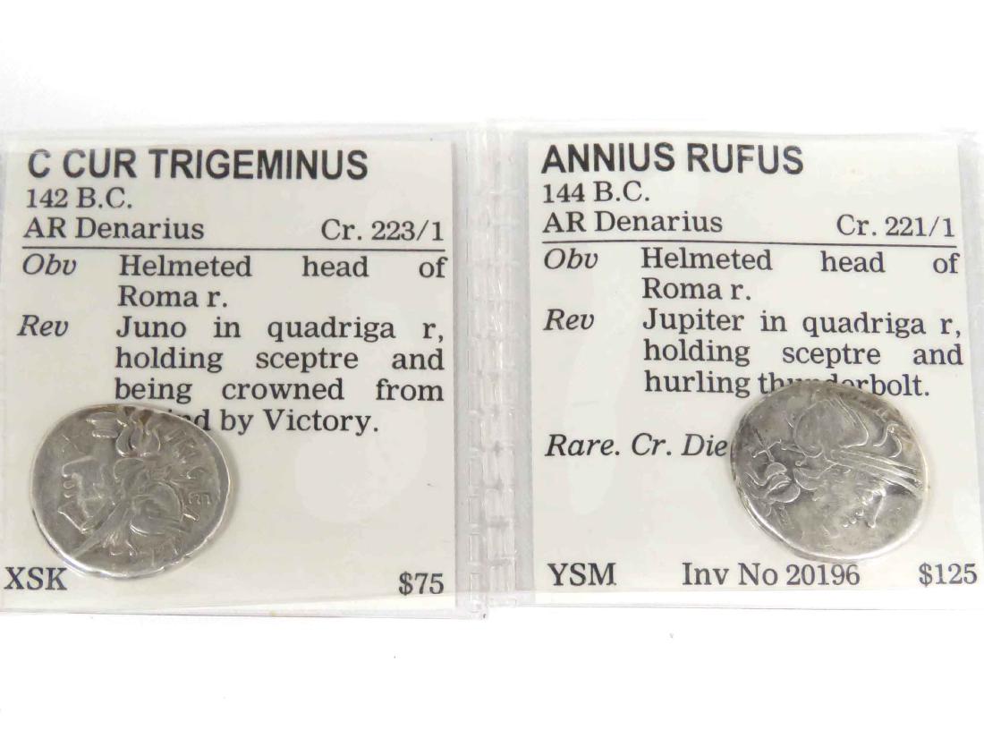LOT (2) ROMAN REPUBLIC SILVER COINS INCLUDING C. CUR: LOT (2) ROMAN REPUBLIC SILVER COINS INCLUDING C. CUR TRIGEMINUS (142 BC) AR DENARIUS (18MM) & ANNIUS RUFUS (144 BC) AR DENARIUS (18MM)