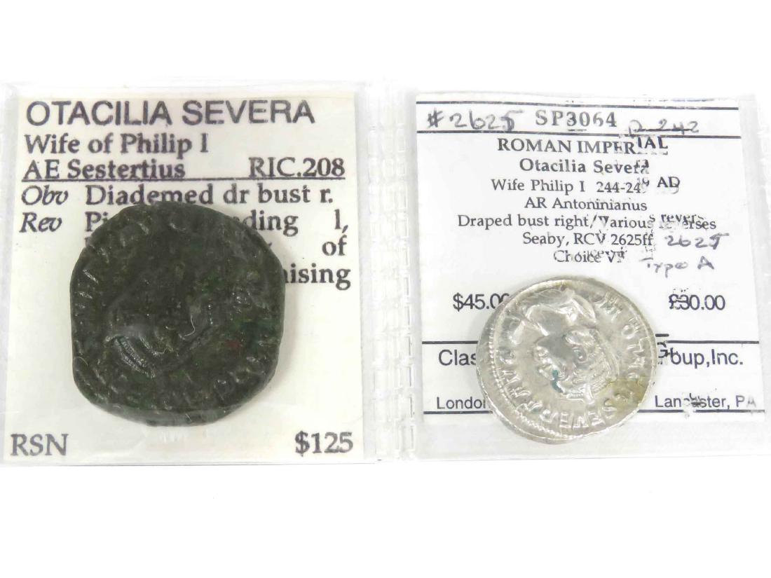 LOT (2) IMPERIAL ROMAN SILVER/BRONZE COINS, OTACILIA: LOT (2) IMPERIAL ROMAN SILVER/BRONZE COINS, OTACILIA SEVERA WIFE OF PHILIP I (AD 244-249) INCLUDING AR ANTONINIANUS (23MM) AND AE SESTERTIUS (30MM)