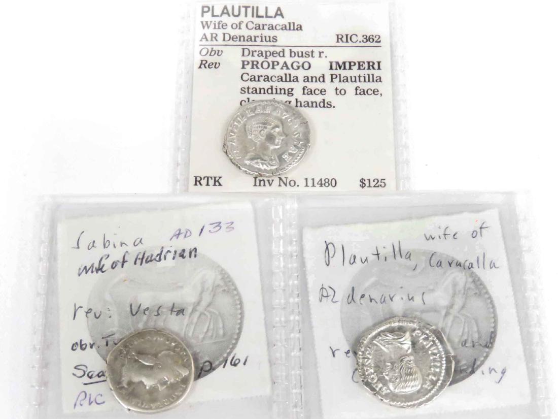 LOT (3) IMPERIAL ROMAN SILVER COINS INCLUDING (2): LOT (3) IMPERIAL ROMAN SILVER COINS INCLUDING (2) PLAUTILLA-WIFE OF CARACALLA (AD 202) AR DENARIS (19MM); SABINA-WIFE OF HADRIAN (AD 130) AR DENARIS (17MM)