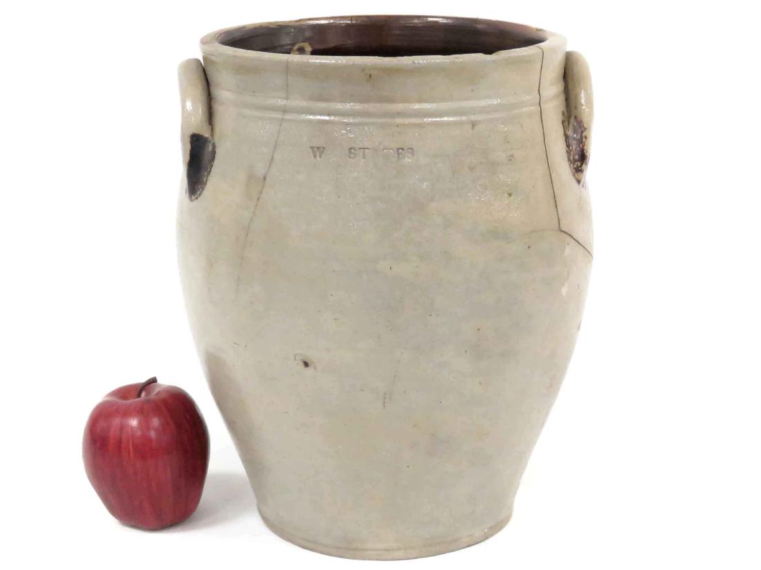 WILLIAM STATES, STONINGTON, CT OVOID STONEWARE JAR,: WILLIAM STATES, STONINGTON, CT OVOID STONEWARE JAR, SIGNED, 19TH CENTURY. HEIGHT 12" (CHIPS & CRACKS)