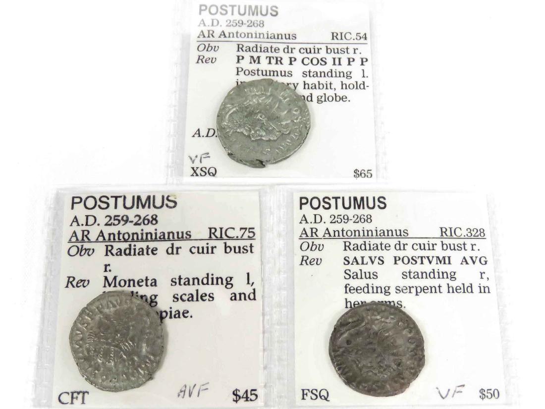 LOT (3) IMPERIAL ROMAN SILVER COINS, POSTUMUS (AD: LOT (3) IMPERIAL ROMAN SILVER COINS, POSTUMUS (AD 259-268) AR ANTONINIANUS. 20-23MM