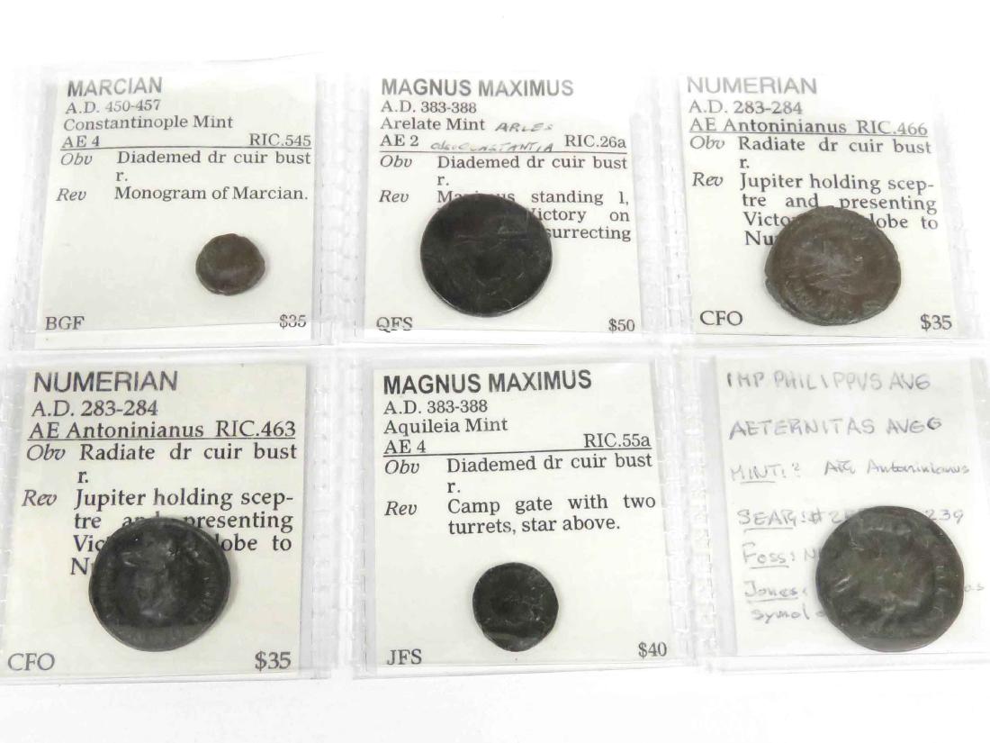 LOT (6) IMPERIAL ROMAN COINS INCLUDING PHILIP II (AD: LOT (6) IMPERIAL ROMAN COINS INCLUDING PHILIP II (AD 247-249) AE ANTONINANUS (23MM); NUMERIAN (AD 283-284) (2) AE ANTONINANUS (21MM); MAGNUS MAXIMUS (AD 383-388) (2) INCLUDING AE 2 (21MM), AE 4 (13MM)