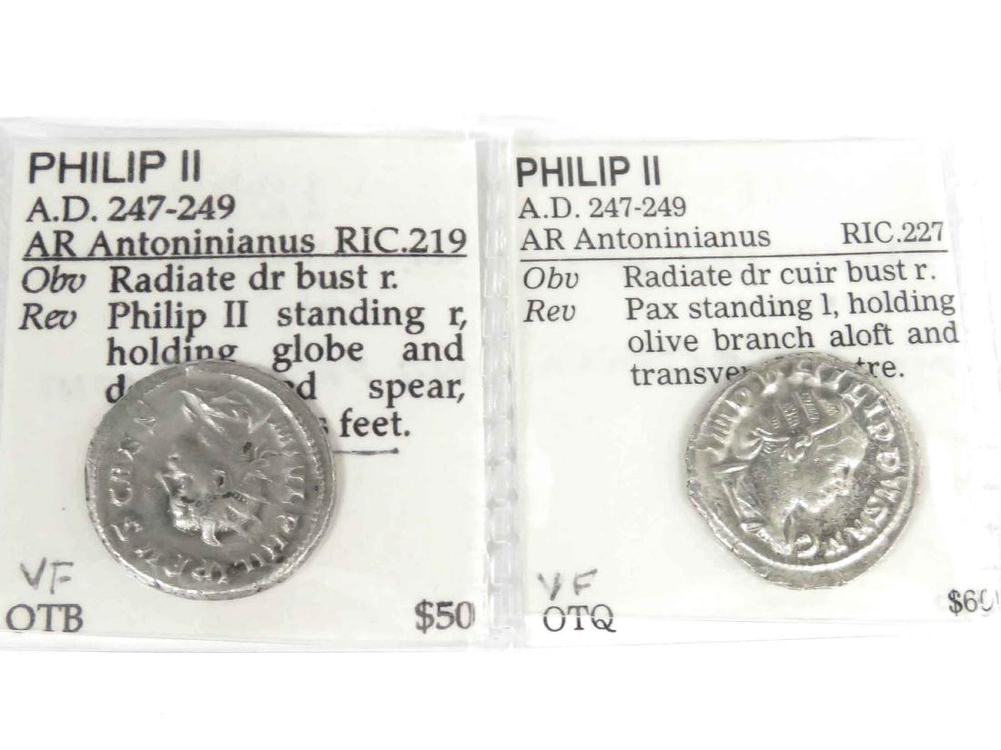 LOT (2) IMPERIAL ROMAN SILVER COINS, PHILIP II THE ARAB: LOT (2) IMPERIAL ROMAN SILVER COINS, PHILIP II THE ARAB (AD 247-249) AR ANTONINIANUS (22MM)