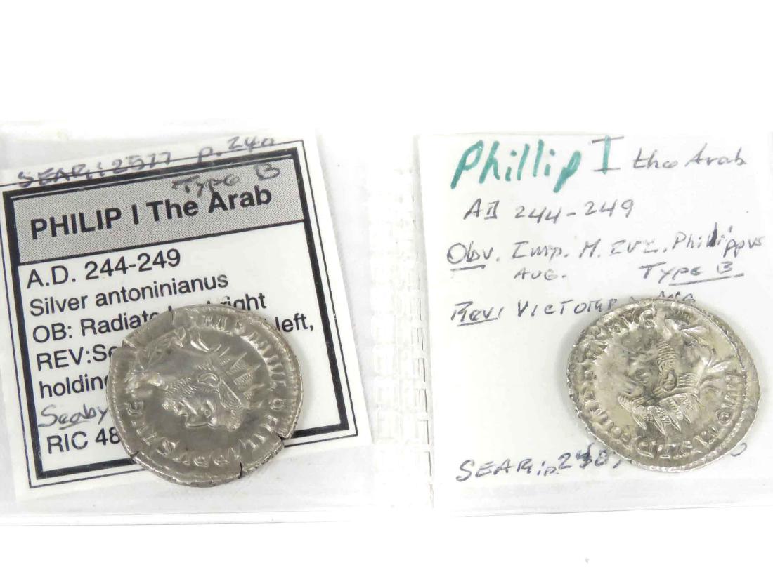LOT (2) IMPERIAL ROMAN SILVER COINS, PHILIP I THE ARAB: LOT (2) IMPERIAL ROMAN SILVER COINS, PHILIP I THE ARAB (AD 244-249) AR ANTONINIANUS (22MM)