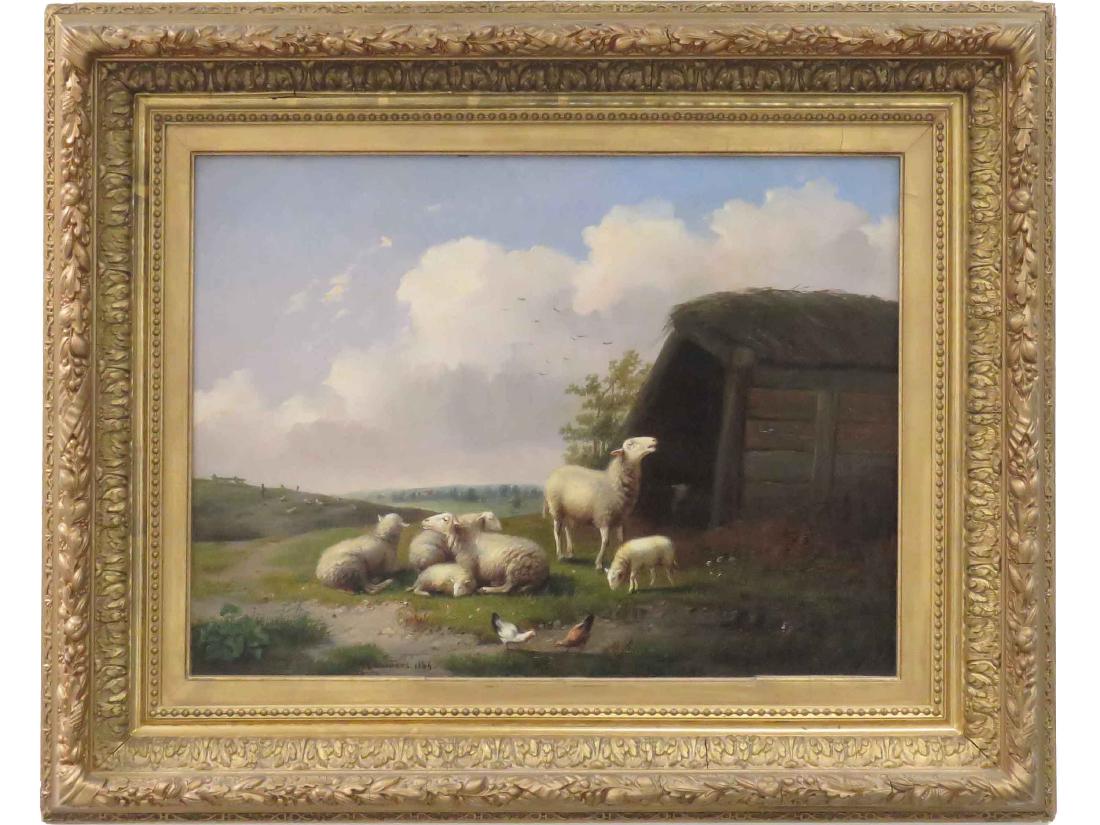 AUGUSTE COOMANS (BELGIAN 1855-1896) OIL ON CANVAS,: AUGUSTE COOMANS (BELGIAN 1855-1896) OIL ON CANVAS, POULES ET MOUTONS, SIGNED 1886. 18 X 24"; FINE PERIOD FRAME 28 X 34"