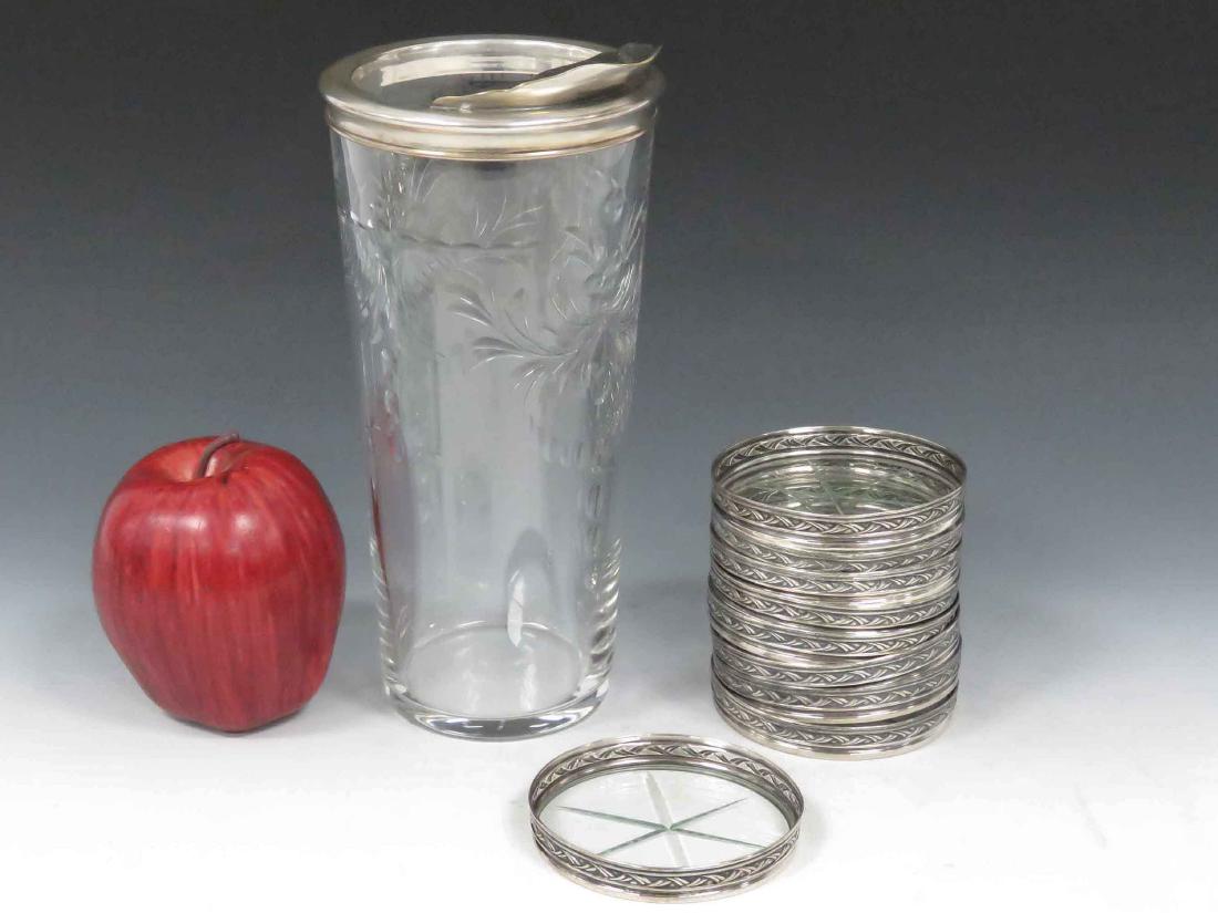 STERLING/CRYSTAL HAWKES COCKTAIL MIXER WITH SET (9): STERLING/CRYSTAL HAWKES COCKTAIL MIXER WITH SET (9) WEBSTER COASTERS. HEIGHT 9"