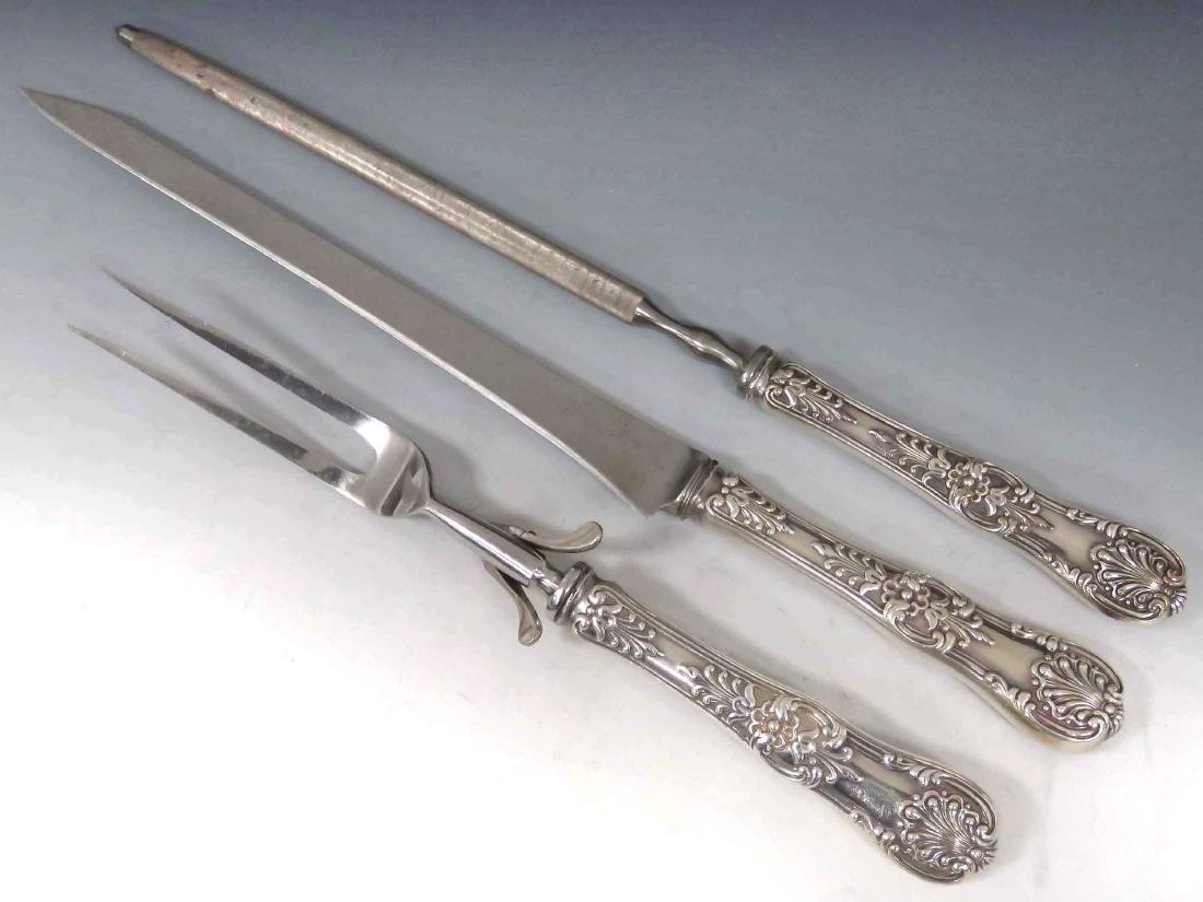 SET (3) TIFFANY & CO. "ENGLISH KING" STERLING HANDLED: SET (3) TIFFANY & CO. "ENGLISH KING" STERLING HANDLED CARVING SET, MARKED "M". LENGTH 11 1/4-14 1/8"