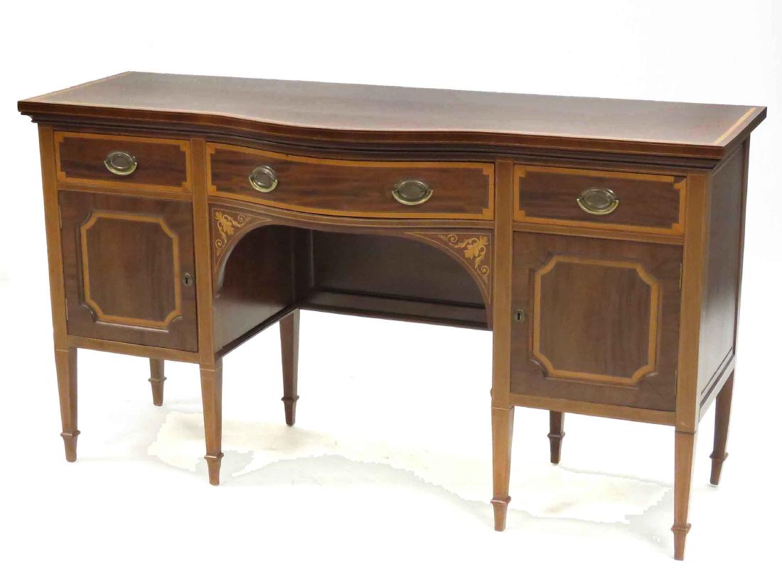 EDWARDIAN CARVED & INLAID MAHOGANY SIDEBOARD, SIGNED H.: EDWARDIAN CARVED & INLAID MAHOGANY SIDEBOARD, SIGNED H. MAWER & STEPHENSON, LONDON. HEIGHT 36 1/2"; WIDTH 66"