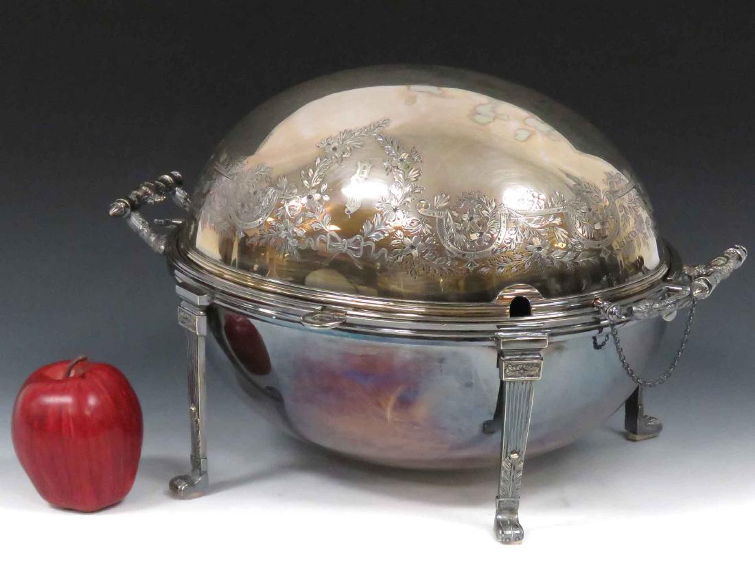 MAPPIN & WEBB SILVER PLATE COVERED SERVING DISH, 1878.: MAPPIN & WEBB SILVER PLATE COVERED SERVING DISH, 1878. HEIGHT 10 1/2"; LENGTH 16"