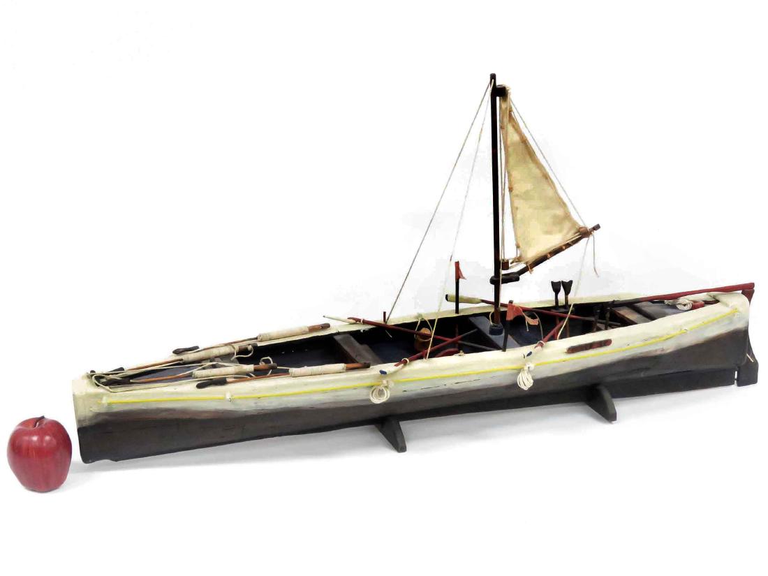 FOLK ART CARVED WOOD WHALING BOAT MODEL, "BOAT II".: FOLK ART CARVED WOOD WHALING BOAT MODEL, "BOAT II". LENGTH 39"