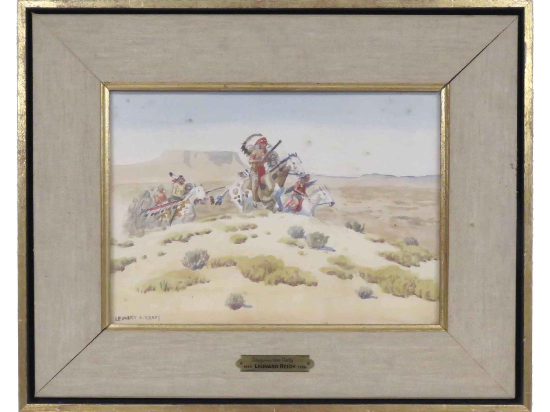 LEONARD HOWARD REEDY (AMERICAN 1899-1956), WATERCOLOR,: LEONARD HOWARD REEDY (AMERICAN 1899-1956), WATERCOLOR, "CHEYENNE WAR PARTY", SIGNED & LABELED, C.1937. SIGHT 7 3/4 X 10 3/4"; FRAMED & GLAZED-13 3/4 X 16 3/4"
