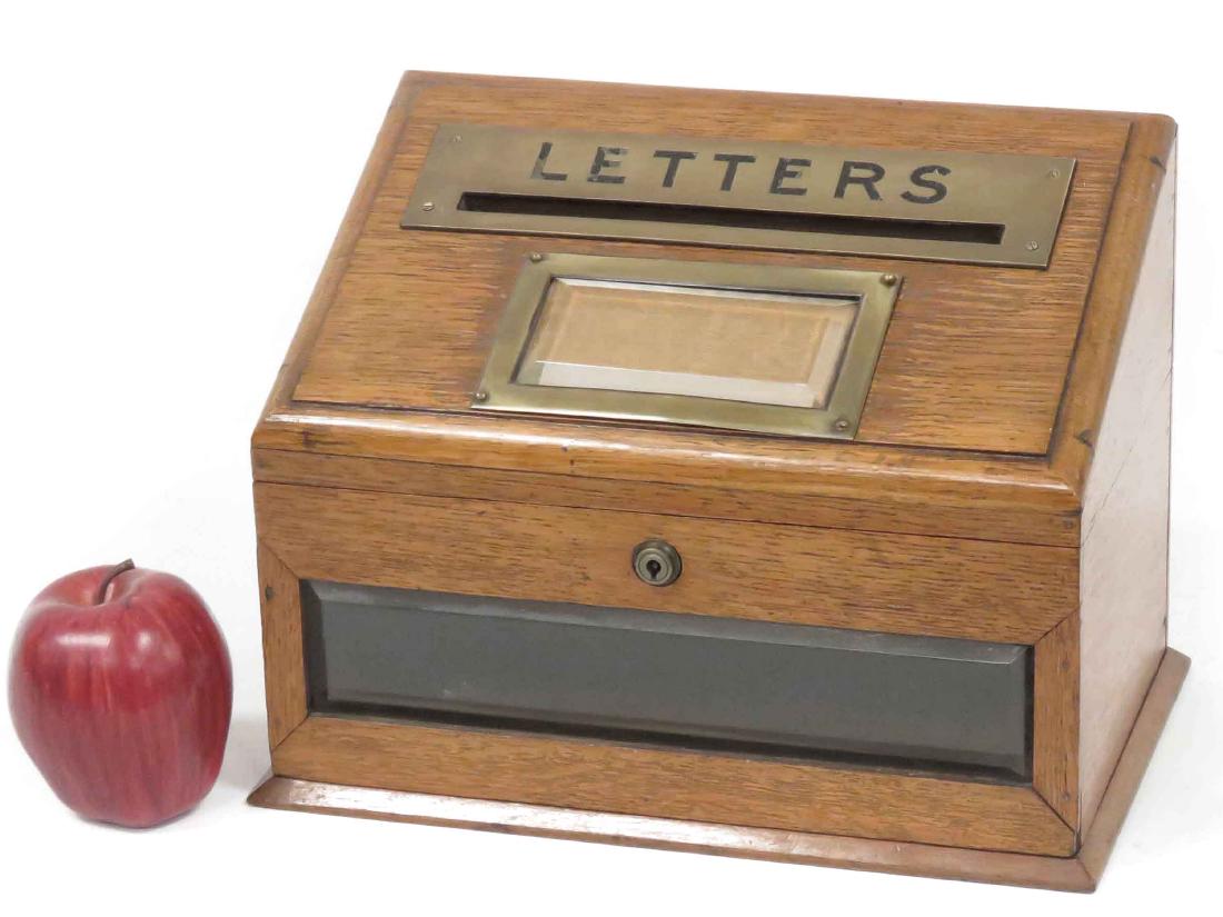 VINTAGE BRASS/OAK "LETTERS" BOX. HEIGHT 9"; WIDTH 11: VINTAGE BRASS/OAK "LETTERS" BOX. HEIGHT 9"; WIDTH 11 1/2"