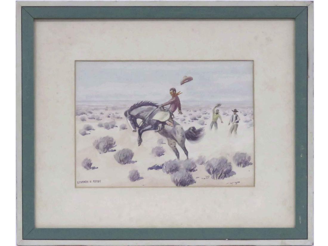 LEONARD HOWARD REEDY (AMERICAN 1899-1956), WATERCOLOR,: LEONARD HOWARD REEDY (AMERICAN 1899-1956), WATERCOLOR, THE BRONCO BUSTER, SIGNED C.1937. SIGHT 7 1/2 X 10 1/2"; FRAMED & GLAZED-15 X 18"