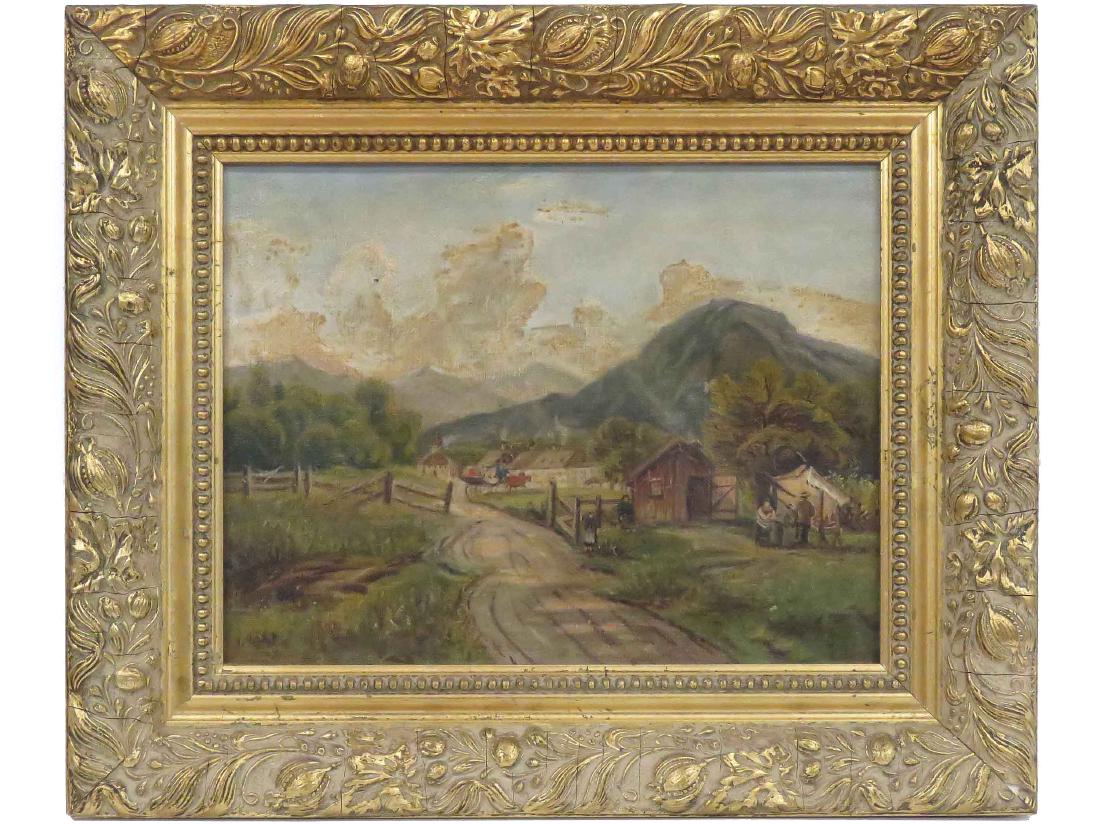 CONTINENTAL SCHOOL (19/20TH CENTURY) OIL ON CANVAS,: CONTINENTAL SCHOOL (19/20TH CENTURY) OIL ON CANVAS, COUNTRY ROAD/VILLAGE, UNSIGNED. 8 1/2 X 10 1/2"; FRAMED 12 X 14 1/2"