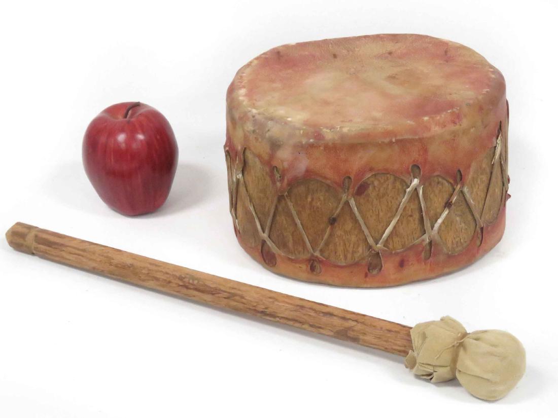 NORTH AMERICAN PLAINS INDIAN CEREMONIAL DRUM WITH: NORTH AMERICAN PLAINS INDIAN CEREMONIAL DRUM WITH BEATER. DIAMETER 9"