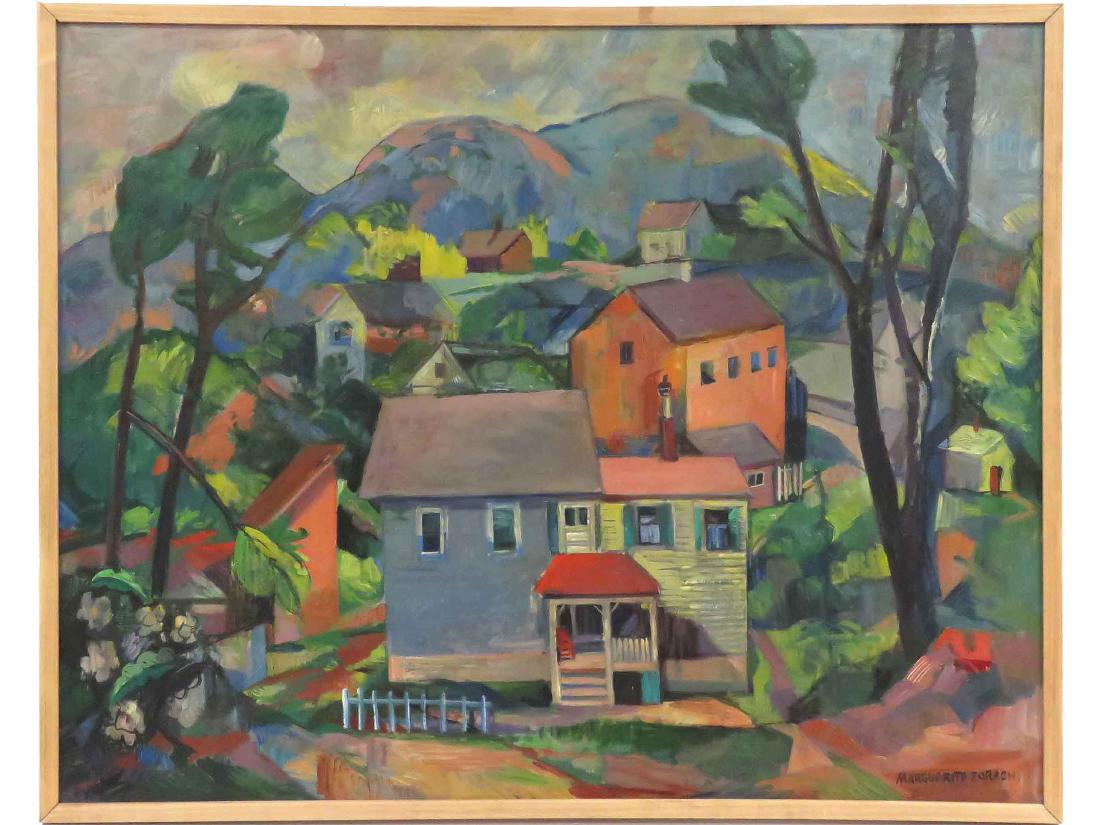 MARGUERITE ZORACH (AMERICAN 1887-1968), OIL ON CANVAS,: MARGUERITE ZORACH (AMERICAN 1887-1968), OIL ON CANVAS, VILLAGE, SIGNED. 32 X 40"; FRAMED 33 X 41"