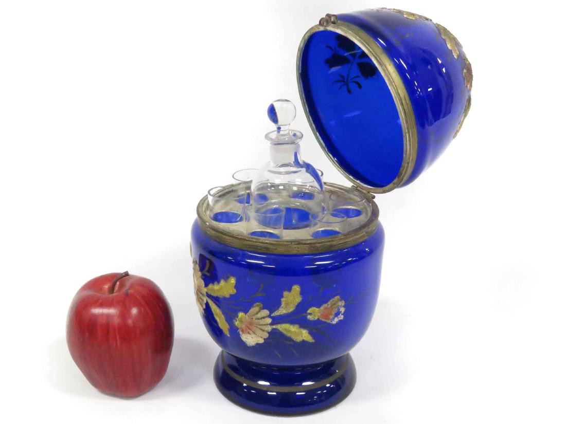 VINTAGE CZECH CORALINE COBALT GLASS CORDIAL SET,: VINTAGE CZECH CORALINE COBALT GLASS CORDIAL SET, SIGNED. HEIGHT 10"