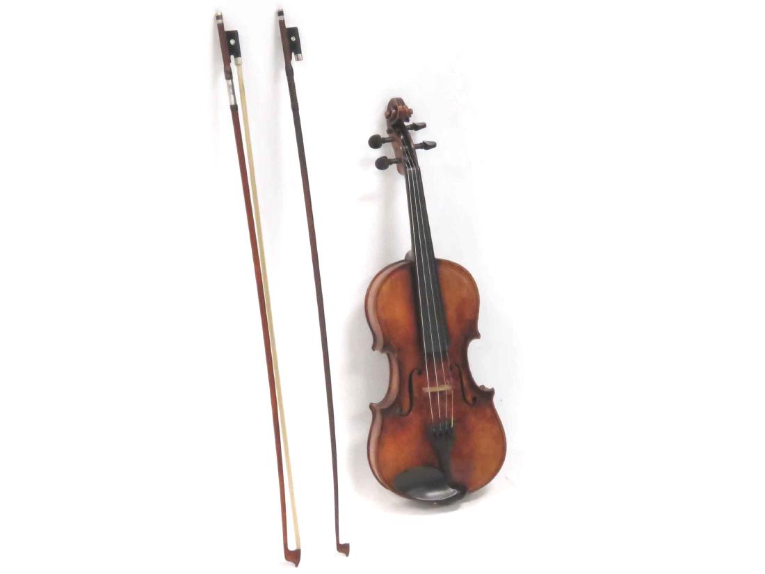 VINTAGE LABELED TOM-KLAR, THE DANCLA MADE EXPRESSLY FOR: VINTAGE LABELED TOM-KLAR, THE DANCLA MADE EXPRESSLY FOR WILLIAM LEWIS AND SONS, CHICAGO IL VIOLIN WITH (2) SILVER MOUNTED BOWS INCLUDING "ALBIN HUMS" AND ALLIGATOR HARD CASE