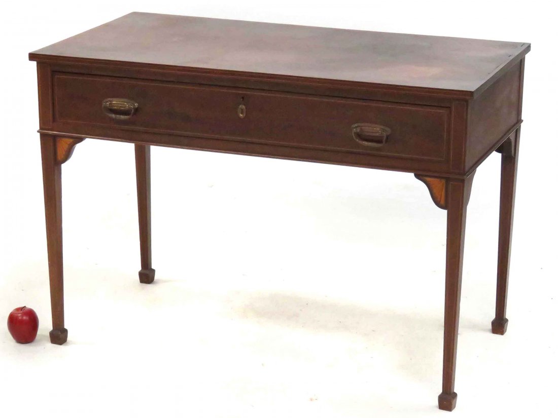 HEPPLEWHITE INLAID MAHOGANY SINGLE-DRAWER WRITING DESK,: HEPPLEWHITE INLAID MAHOGANY SINGLE-DRAWER WRITING DESK, 19TH CENTURY. HEIGHT 29"; TOP 22 X 42"