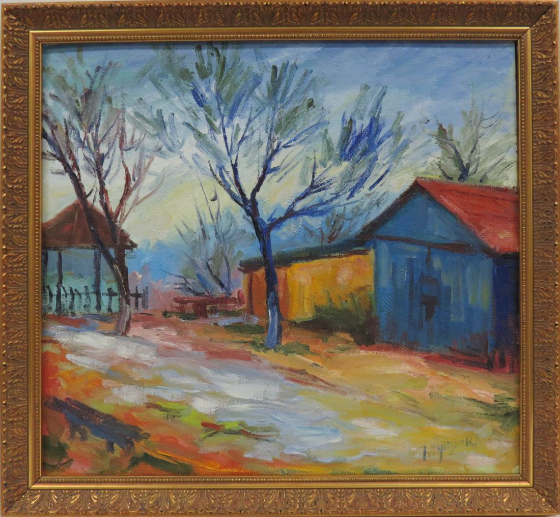 UKRAINE SCHOOL (20TH CENTURY), OIL ON BOARD, BARNYARD,: UKRAINE SCHOOL (20TH CENTURY), OIL ON BOARD, BARNYARD, SIGNED ILLEGIBLY. 22 X 24"; FRAMED 25 1/2 X 27"
