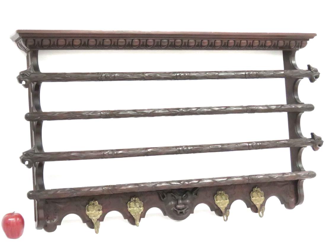CONTINENTAL CARVED MAHOGANY HANGING PLATE RACK, 19TH (1 of 3)