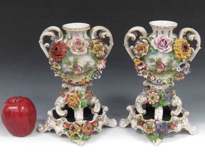PAIR C.G. SCHIERHOLZ & SOHN DECORATED PORCELAIN URNS ON: PAIR C.G. SCHIERHOLZ & SOHN DECORATED PORCELAIN URNS ON STANDS, SIGNED. HEIGHT 10" (IMPERFECTIONS)