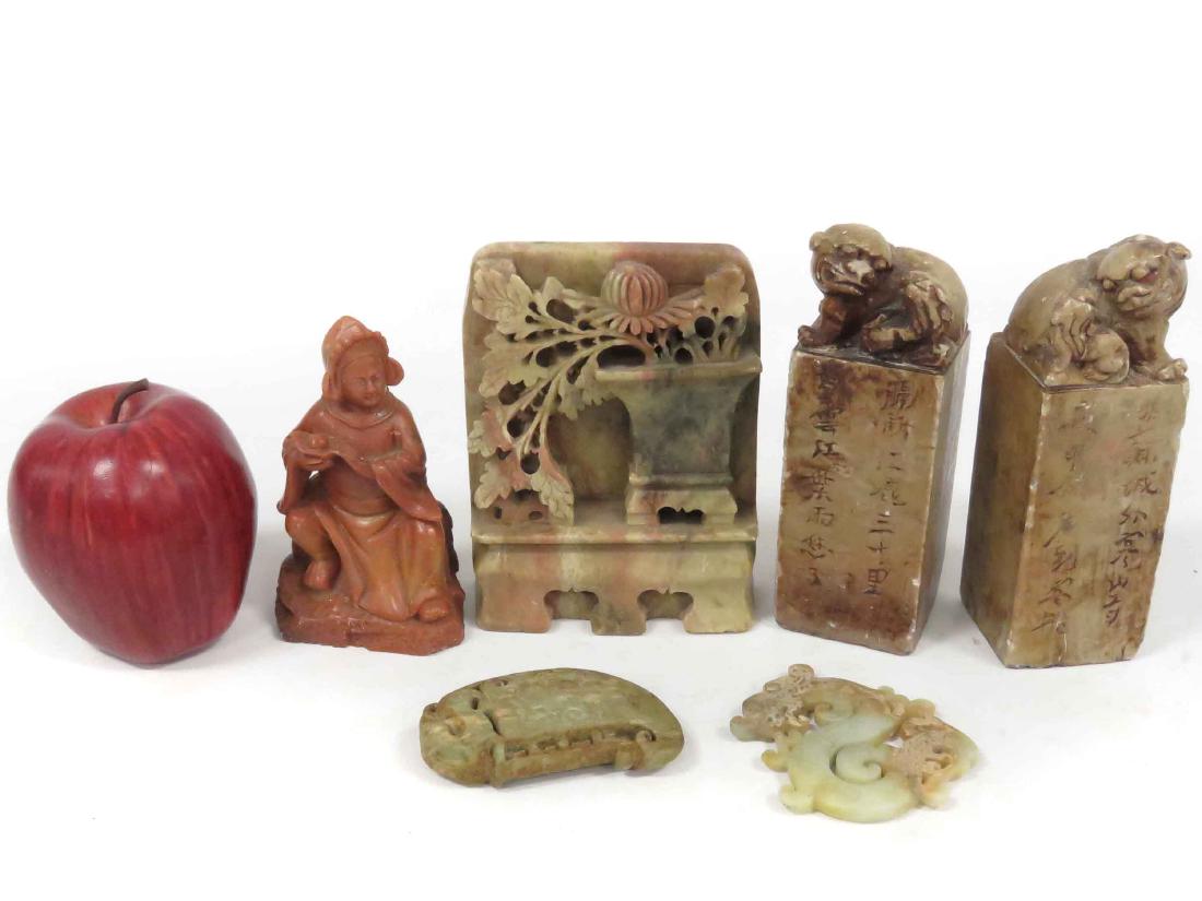 LOT (6) ASSORTED CHINESE STONE INCLUDING PAIR SOAPSTONE (1 of 2)