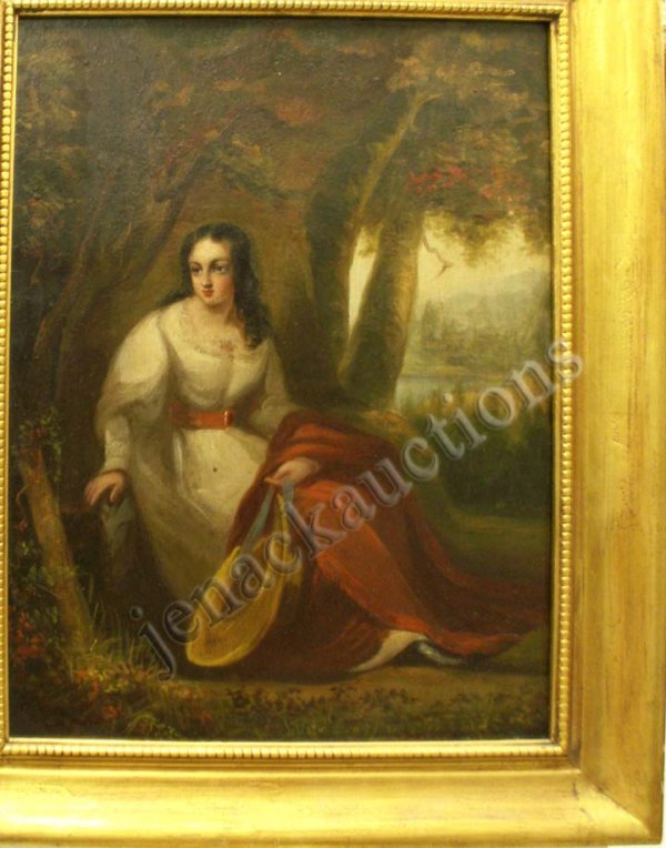 PAINTING, YOUNG WOMAN, AMERICAN SCHOOL: OIL ON CANVAS LAID ON BOARD, YOUNG WOMAN IN A LANDSCAPE, AMERICAN SCHOOL C.1840, SCHOOL OF THOMAS SULLY. 17 X 13"; FRAMED 22 X 18"