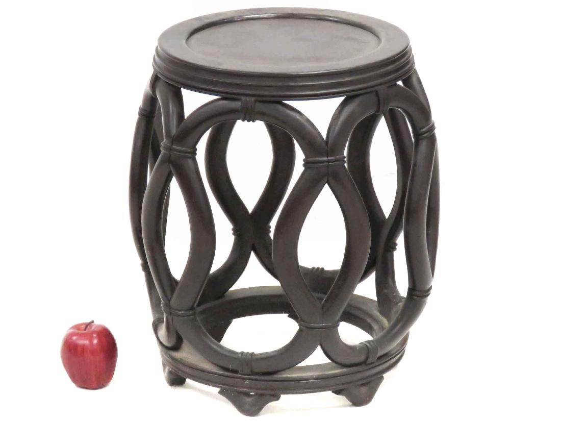 CHINESE CARVED HARDWOOD BARREL-FORM SEAT/STAND. HEIGHT: CHINESE CARVED HARDWOOD BARREL-FORM SEAT/STAND. HEIGHT 19"; DIAMETER 14"