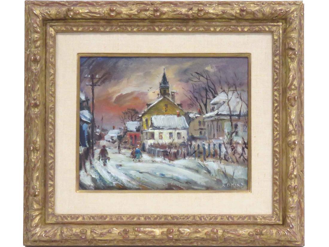 ANTONIO CIRINO (ITALIAN/AMERICAN 1889-1983), OIL ON: ANTONIO CIRINO (ITALIAN/AMERICAN 1889-1983), OIL ON PANEL, "VILLAGE CHURCH", SIGNED & TITLED. 8 X 10"; FRAMED 14 X 16" PROVENANCE: SALMAGUNDI CLUB AUCTION, SPRING 1968 (LABEL VERSO); MATT GALLERIES, I