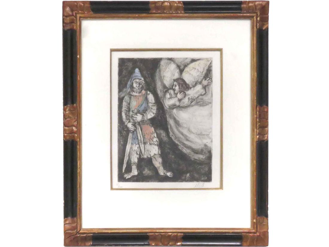 AFTER MARC CHAGALL, ETCHING & AQUATINT, JOSHUA ARMED: AFTER MARC CHAGALL, ETCHING & AQUATINT, JOSHUA ARMED BY THE ETERNAL, SIGNED #50/100. SIGHT 12 3/4 X 10 1/4"; FRAMED & GLAZED-23 X 20"