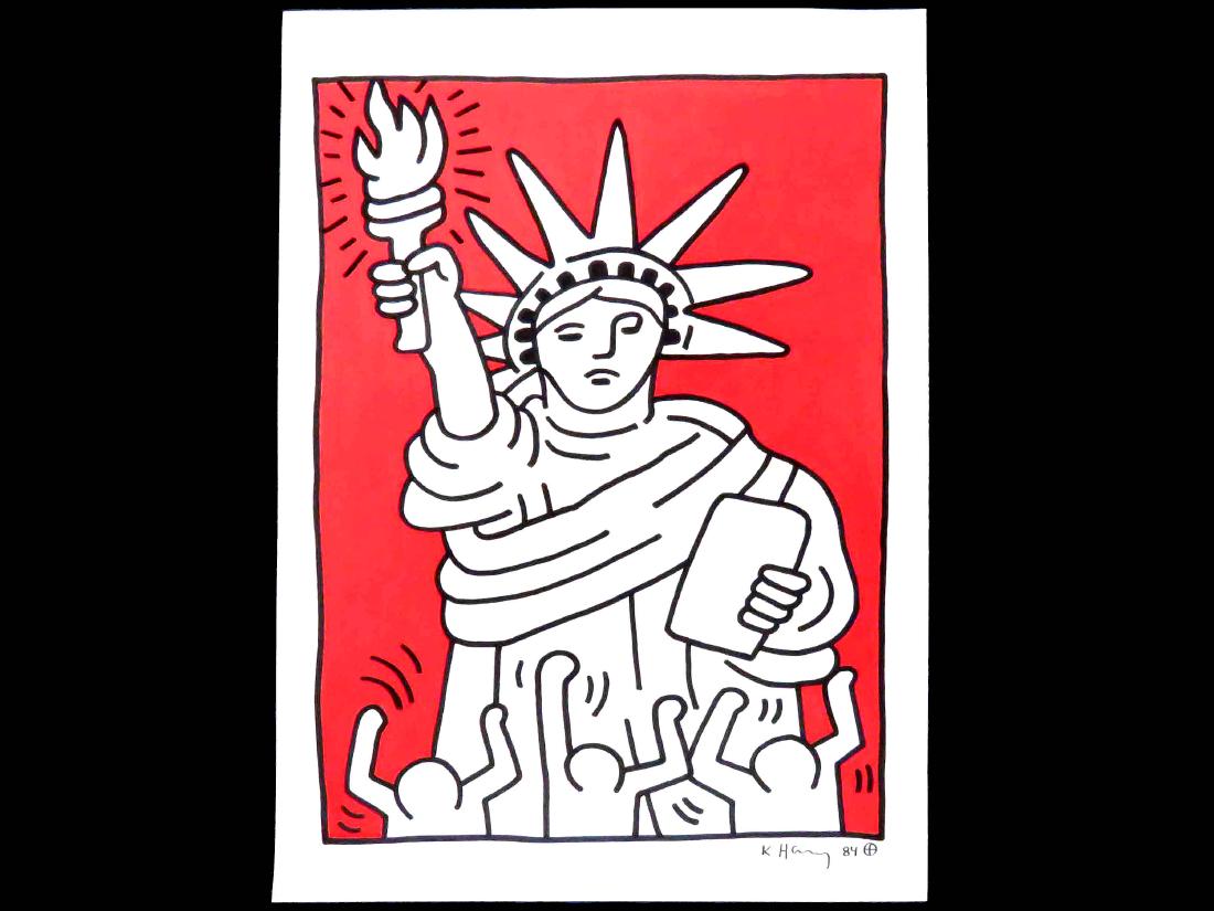 ATTRIBUTED TO KEITH HARING, LITHOGRAPH, STATUE OF: ATTRIBUTED TO KEITH HARING, LITHOGRAPH, STATUE OF LIBERTY, SIGNED 1984. SHEET 16 1/2 X 11 3/4"