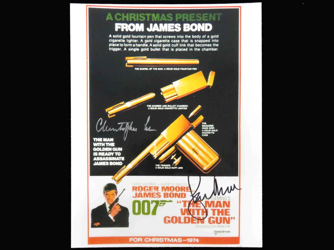 JAMES BOND "THE MAN WITH GOLDENGUN", PHOTO POSTER: JAMES BOND "THE MAN WITH GOLDENGUN", PHOTO POSTER SIGNED BY ROGER MOORE & CHRISTOPHER LEE. 10 1/2 X 8"