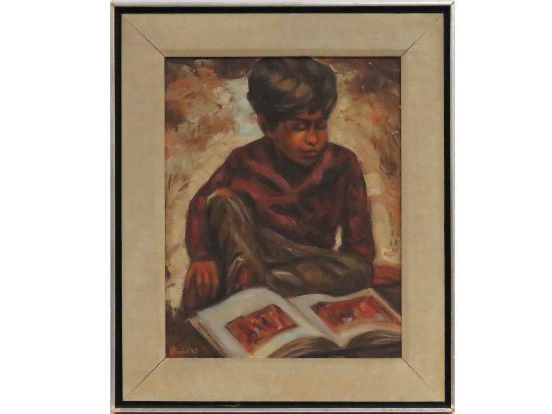 AMERICAN SCHOOL (20TH CENTURY), OIL ON CANVAS, YOUNG: AMERICAN SCHOOL (20TH CENTURY), OIL ON CANVAS, YOUNG BOY READING, SIGNED BOSCHET '65. 18 X 14 1/2"; FRAMED 24 X 20"