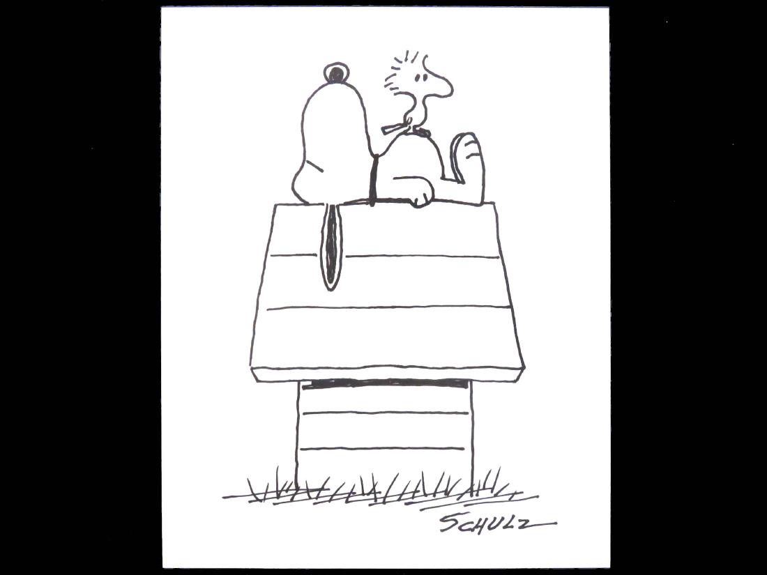 ATTRIBUTED TO CHARLES SCHULZ (AMERICAN CARTOONIST: ATTRIBUTED TO CHARLES SCHULZ (AMERICAN CARTOONIST 1922-2000), BLACK MARKER SKETCH, SNOOPY & WOODSTOCK, SIGNED. SHEET 6 X 5"