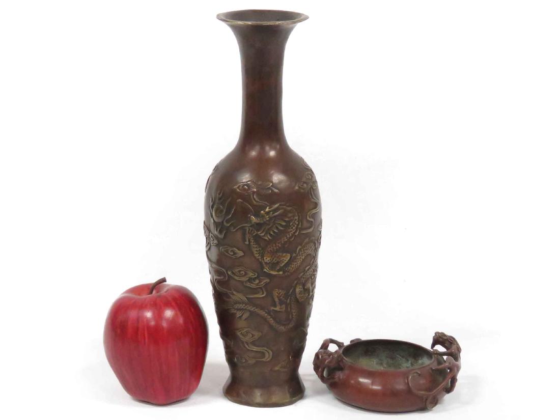 LOT (2) CHINESE BRONZE INCLUDING CENSER, DIAMETER 4: LOT (2) CHINESE BRONZE INCLUDING CENSER, DIAMETER 4 1/2" & DRAGON DECORATED VASE, HEIGHT 11 1/4" SIGNED