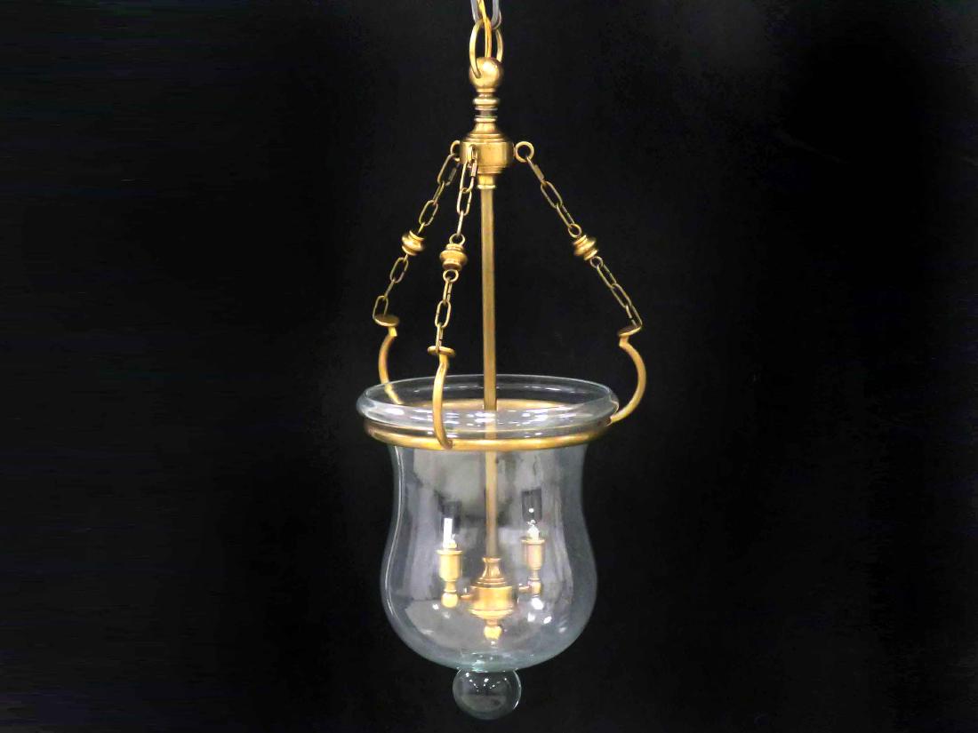 BRASS & GLASS HANGING HURRICANE LIGHT FIXTURE. HEIGHT: BRASS & GLASS HANGING HURRICANE LIGHT FIXTURE. HEIGHT 13"