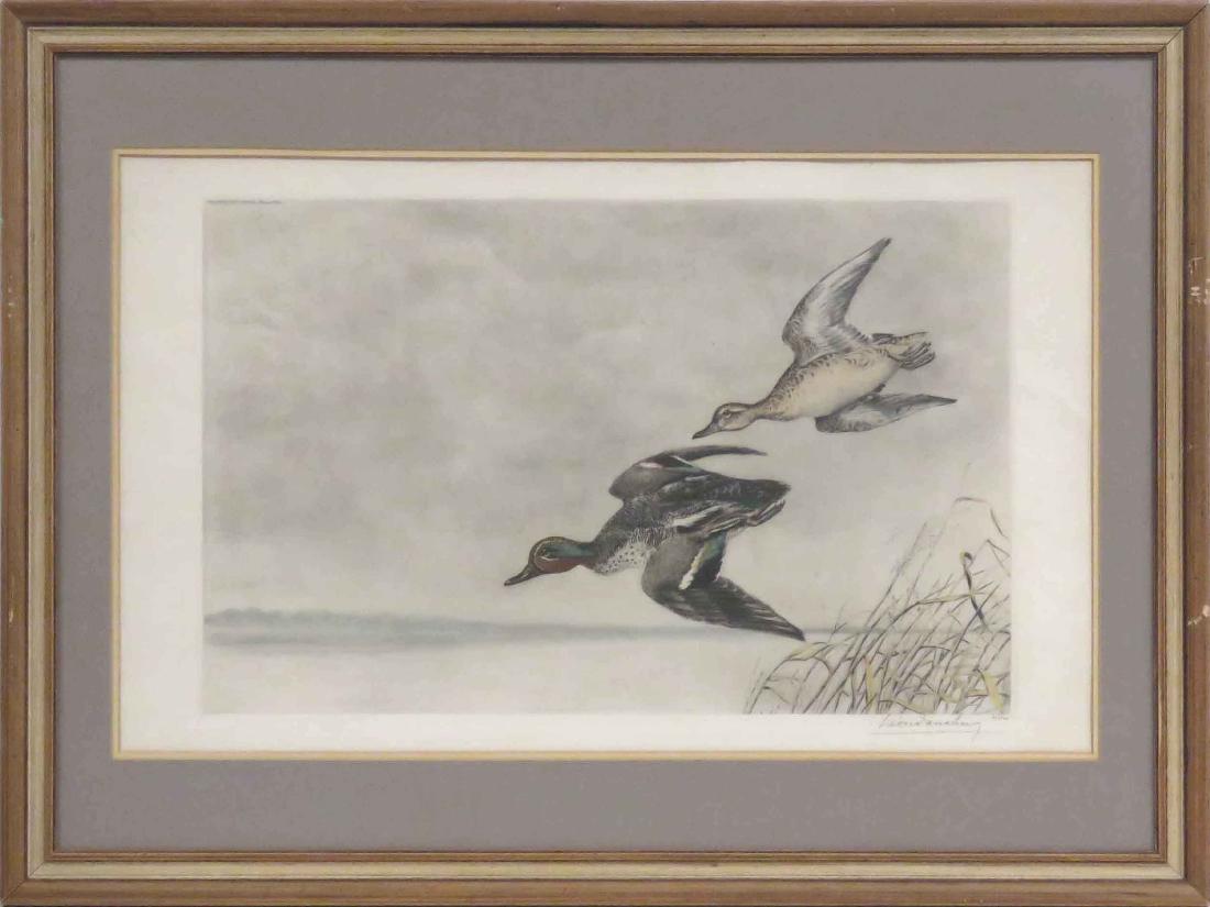 LEON DANCHIN (FRENCH 1887-1938) ETCHING/AQUATINT,: LEON DANCHIN (FRENCH 1887-1938) ETCHING/AQUATINT, MALLARD HEN AND DRAKE, SIGNED #41/500. SIGHT 16 X 23 1/2"; FRAMED AND GLAZED 24 1/2 X 32 1/2"