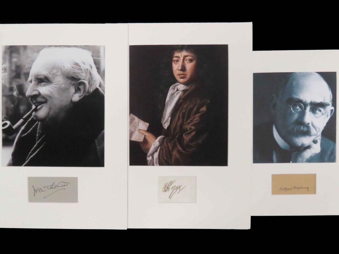 LOT (3) INK ON PAPER AUTOGRAPH CUTS INCLUDING J.R.R.: LOT (3) INK ON PAPER AUTOGRAPH CUTS INCLUDING J.R.R. TOLKIEN (ENGLISH 1892-1973, WRITER), SIGHT 1 2/8 X 3 1/2"; SAMUEL PEPYS (ENGLISH 1633-1703, ADMINISTRATOR OF THE BRITISH NAVY & MEMBER OF PARLIAMEN