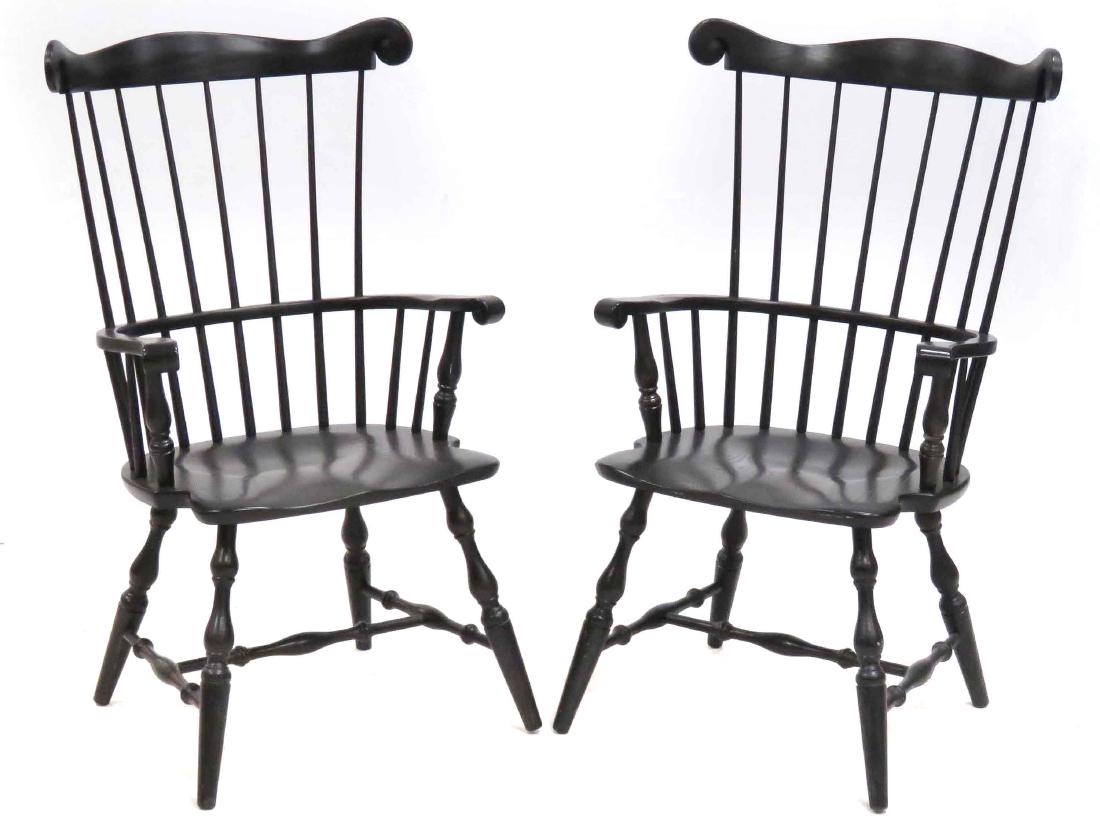 PAIR CARVED & PAINTED OAK WINDSOR ARMCHAIRS WITH EARS: PAIR CARVED & PAINTED OAK WINDSOR ARMCHAIRS WITH EARS