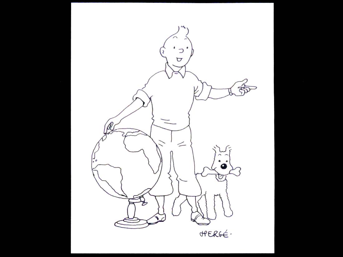 ATTRIBUTED TO GEORGES HERGE: ATTRIBUTED TO GEORGES HERGE (BELGIAN CARTOONIST, "THE ADVENTURES OF TINTIN", 1907-1983), PEN & INK DRAWING OF TINTIN & SNOWY, SIGNED. SHEET 7 1/2 X 6" (NO COA)