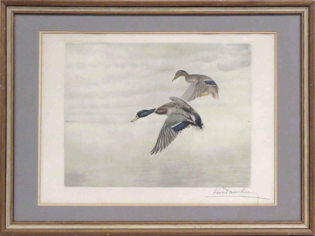 LEON DANCHIN (FRENCH 1887-1938) ETCHING/AQUATINT,: LEON DANCHIN (FRENCH 1887-1938) ETCHING/AQUATINT, MALLARD HEN AND DRAKE, SIGNED #103/500. SIGHT 16 X 23 1/2"; FRAMED AND GLAZED 24 1/2 X 32 1/2"