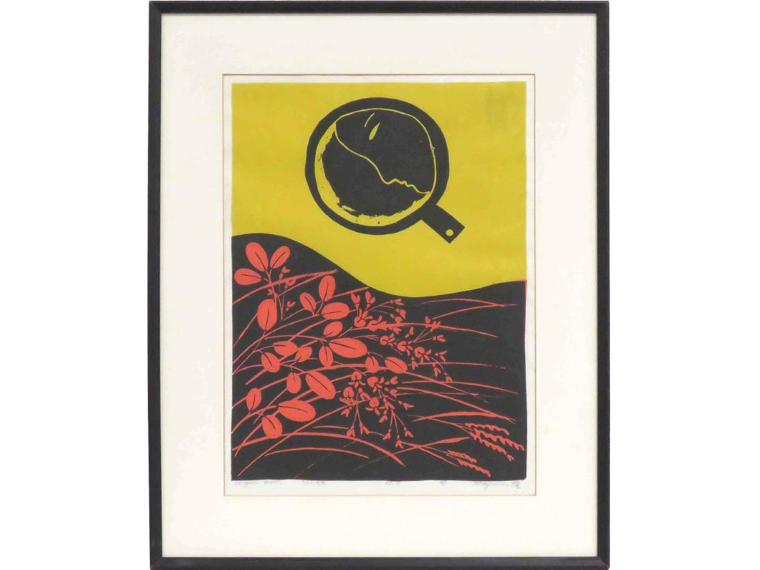 MAYUMI ODA (JAPANESE 1941-) WOODBLOCK PRINT, "LACQUER: MAYUMI ODA (JAPANESE 1941-) WOODBLOCK PRINT, "LACQUER MOON", SIGNED EDITION 17, 1969. SIGHT 17 5/8 X 12 3/4"; FRAMED AND GLAZED 24 X 19"