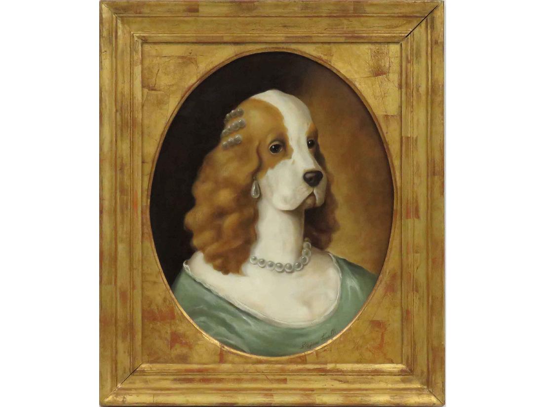 CONTINENTAL SCHOOL (20TH CENTURY), OIL ON CANVAS,: CONTINENTAL SCHOOL (20TH CENTURY), OIL ON CANVAS, ANTHROPORMORPHIC FEMALE DOG, SIGNED STEFAN FIEALLI. 19 X 15 1/4"; FRAMED 24 X 20"