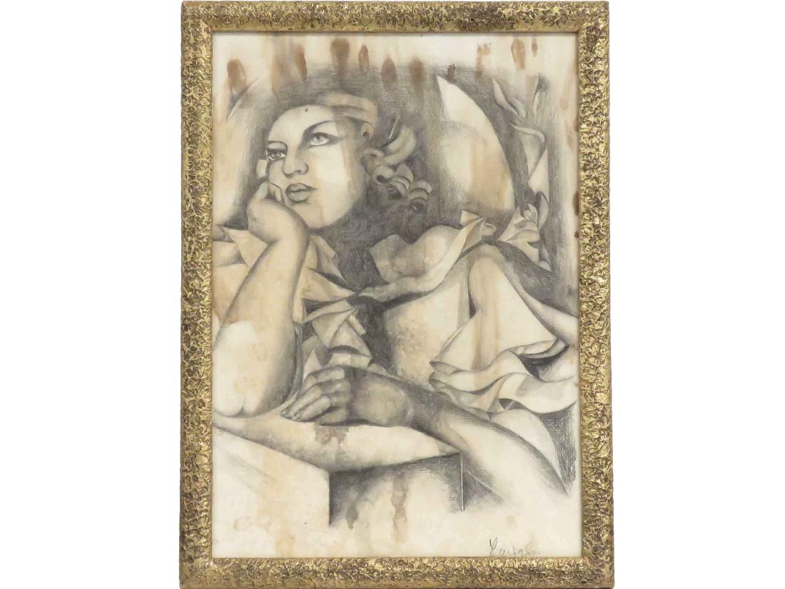 POLISH SCHOOL (20TH CENTURY), CHARCOAL ON PAPER, STUDY: POLISH SCHOOL (20TH CENTURY), CHARCOAL ON PAPER, STUDY OF YOUNG WOMAN, SIGNED LEMPICKA. SIGHT 15 X 10 1/2"; FRAMED & GLAZED-17 X 12 1/2" (WATER STAINING)