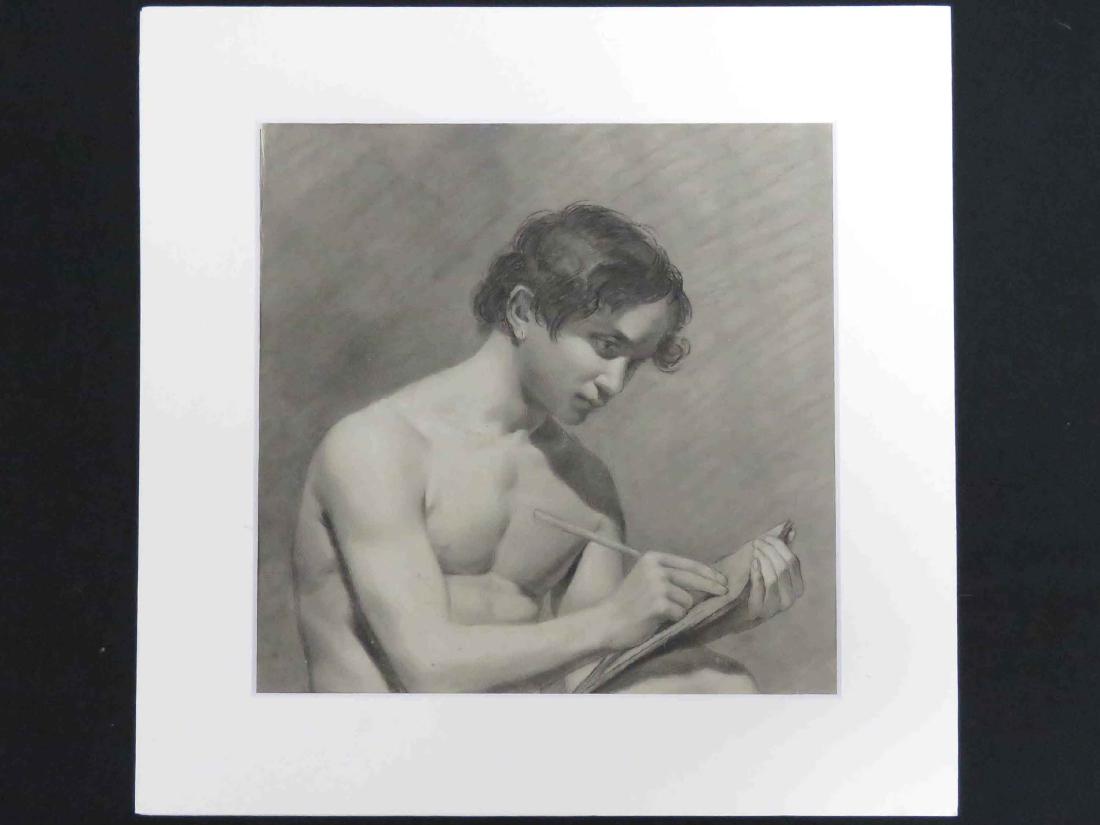 ITALIAN SCHOOL (19TH CENTURY), CHARCOAL AND GRAPHITE ON: ITALIAN SCHOOL (19TH CENTURY), CHARCOAL AND GRAPHITE ON PAPER, ACADEMIC SKETCH OF YOUNG MAN DRAWING, UNSIGNED. SIGHT 8 1/2 X 8 1/2"