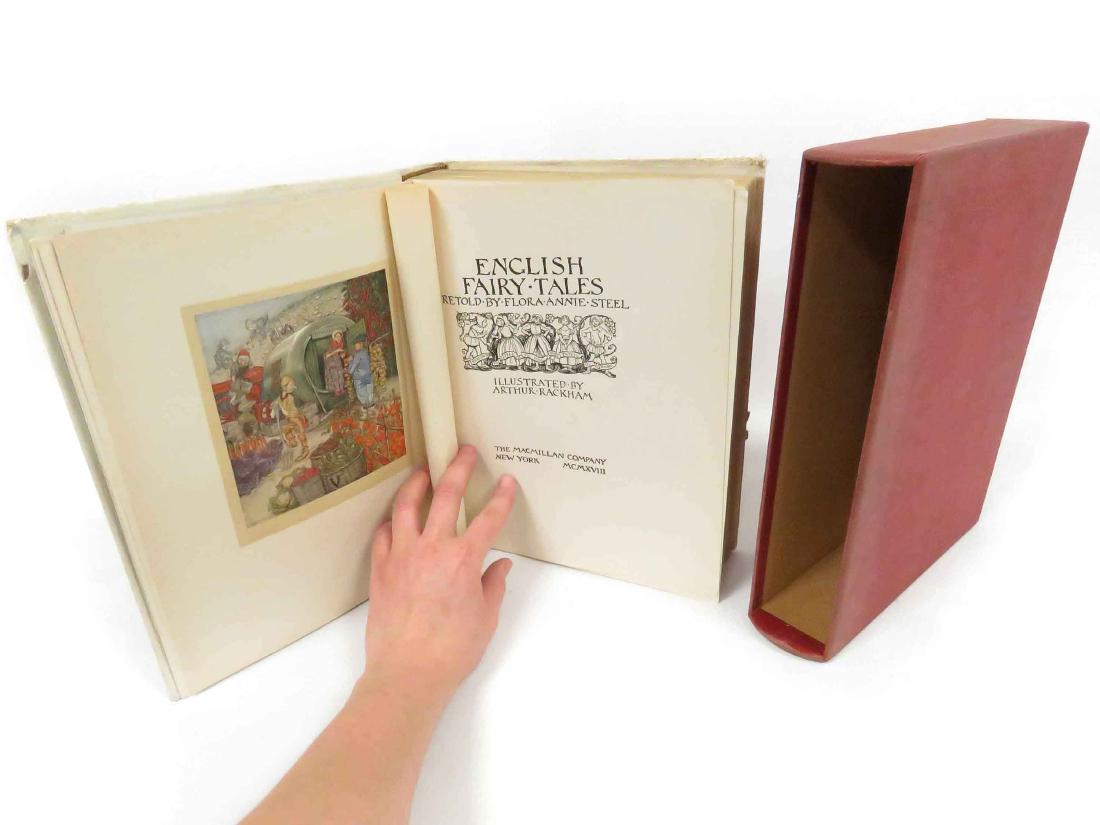 VOLUME-ENGLISH FAIRY TALES, FLORA ANNIE STEEL,: VOLUME-ENGLISH FAIRY TALES, FLORA ANNIE STEEL, ILLUSTRATED BY ARTHUR RACKHAM, MACMILLAN PUBLISHERS, LARGE PAPER EDITION, #159/250, 1918, WHITE VELLUM LEATHER WITH SLIP CASE