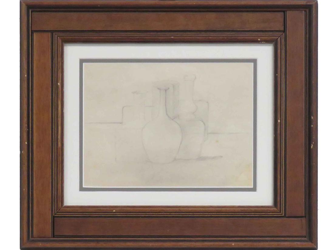 ATTRIBUTED TO GIORGIO MORANDI, (ITALIAN 1890-1964),: ATTRIBUTED TO GIORGIO MORANDI, (ITALIAN 1890-1964), GRAPHITE ON PAPER, NATURA MORTA, SIGNED ILLEGIBLY. SHEET 7 X 9 1/4"; FRAMED & GLAZED-14 X 16"