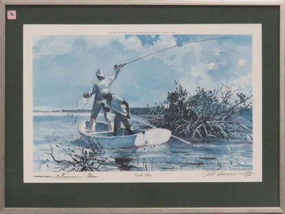 CHET RENESON (AMERICAN 1934-), LITHOGRAPH FOR: CHET RENESON (AMERICAN 1934-), LITHOGRAPH FOR SPORTSMAN'S EDGE, "ON THE FLATS", SIGNED & REMARQUE, #140/200. SIGHT 18 1/4 X 28"; FRAMED & GLAZED-25 X 33 1/2"